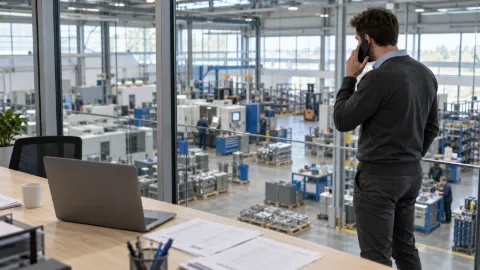 Planner on the phone in a mezzanine office overlooking the factory floor, with a laptop and printed documents on the desk